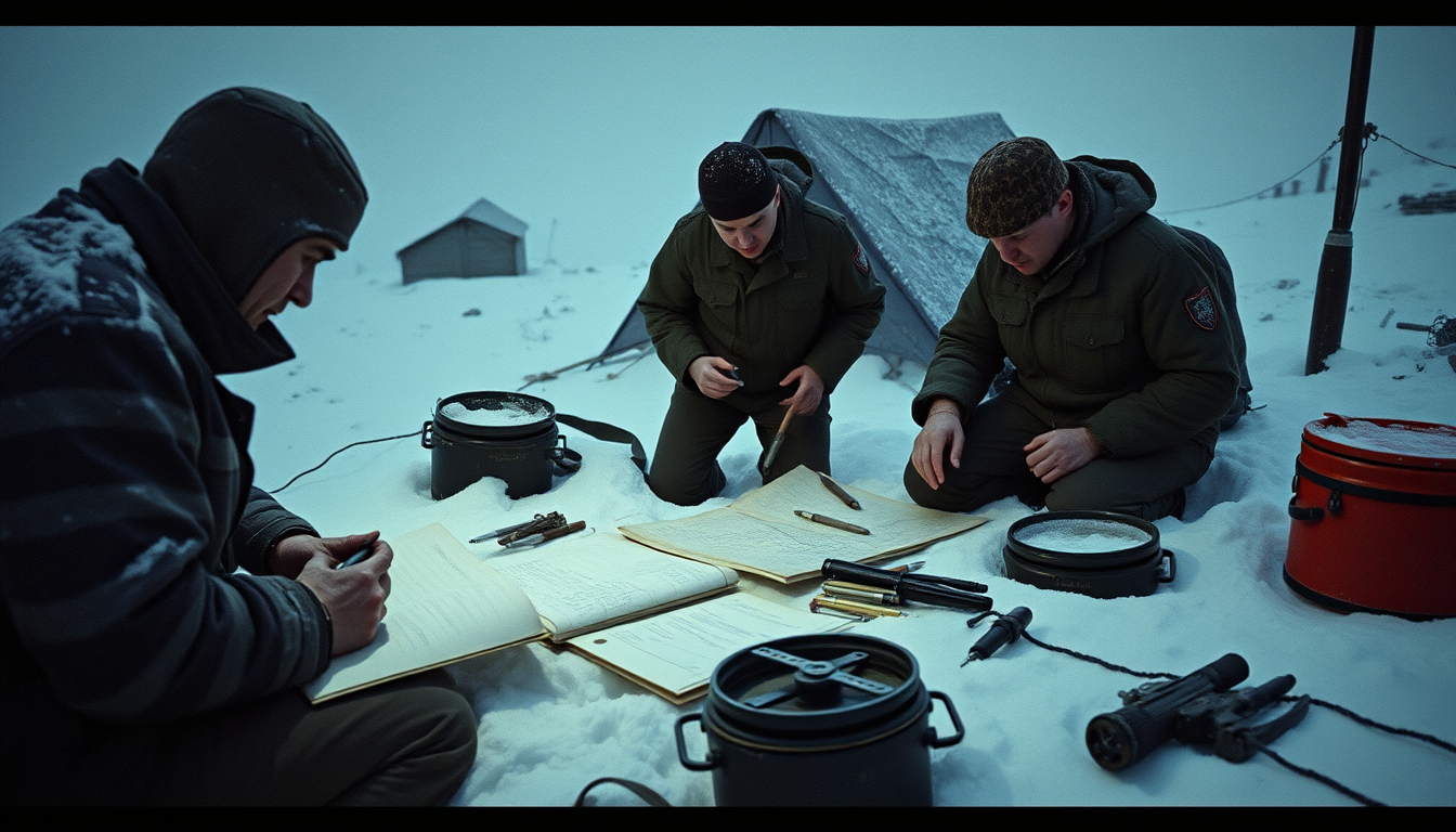 Main art studio: 1959 Soviet investigators documenting mysterious evidence at a remote snowy mountain campsite, notebooks, maps and old expedition equipment, investiga