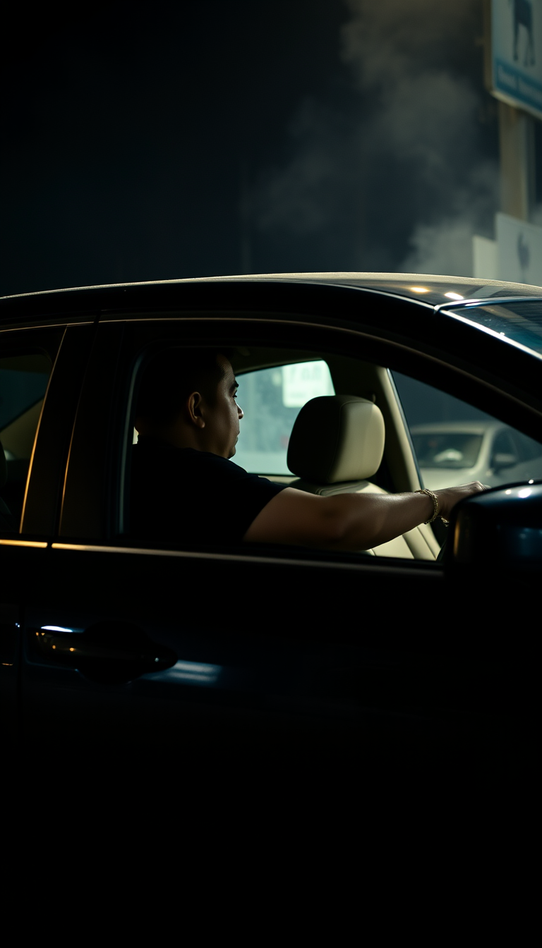 Main art studio: Tung Tung Sahur wearing a black T-shirt driving a dark car at night. A person opens the passenger door and sits inside. Cinematic movie scene, dark st