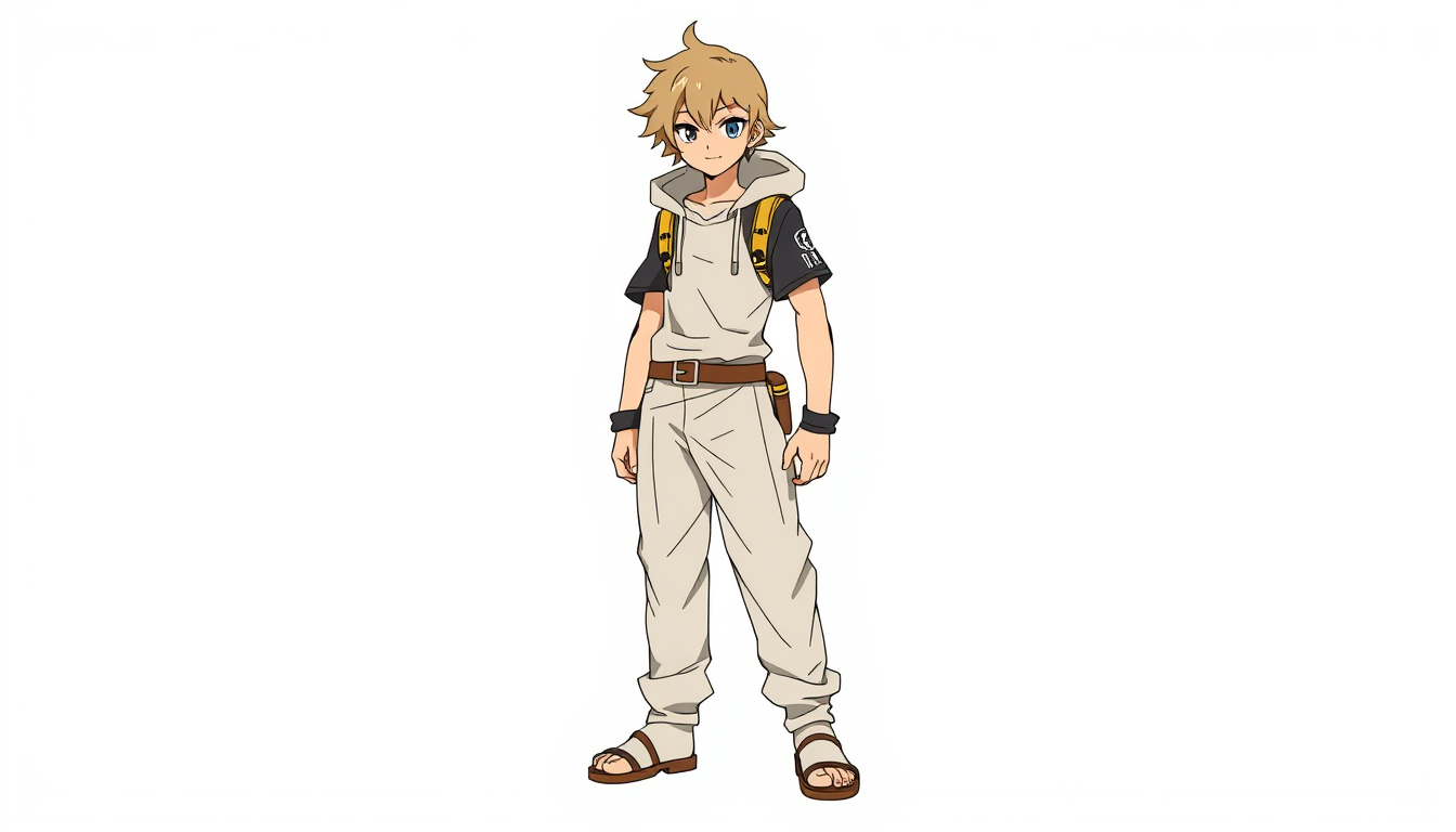 Characters idea: original character design, detailed outfit and accessories, expressive personality, Garoto herói de anime, corpo inteiro, de frente. Cabelo médio bagu