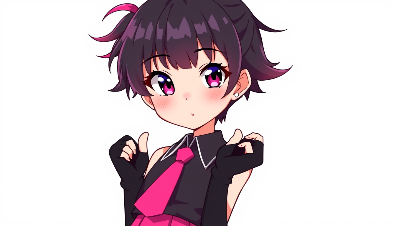 VTuber idea: vtuber avatar character, anime style, expressive face, streaming-ready design, An 11 year old girl with hot pink sneaker heels, black socks hot pink s