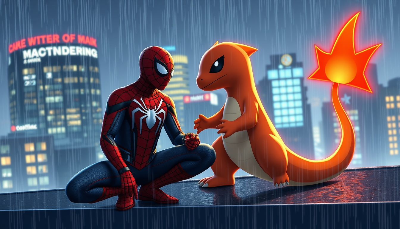 Main art studio: Spider-Man + charmander on a rainy rooftop, with Charmander's tail flame glowing in the night. 🌧️🔥make them like the movies dont be too light and zo