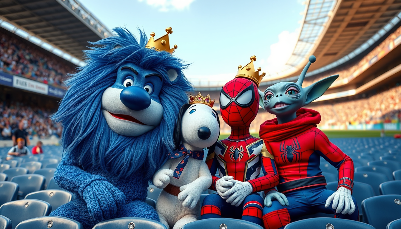 Main art studio: Un león azul del Chelsea junto con snoopy, spiderman y un alien de toy story, juntos en un estadio, los cuatro con coronas doradas en la cabezaz y fel