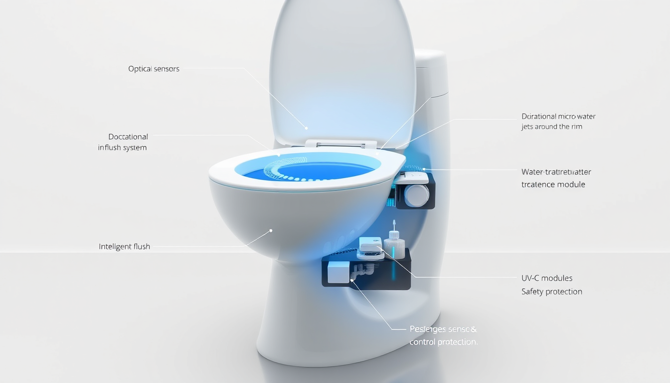 Main art studio: Create a technical cutaway of the same CleanSense smart toilet. Keep the elegant white monobloc design and subtle blue LED. Show the internal technolo