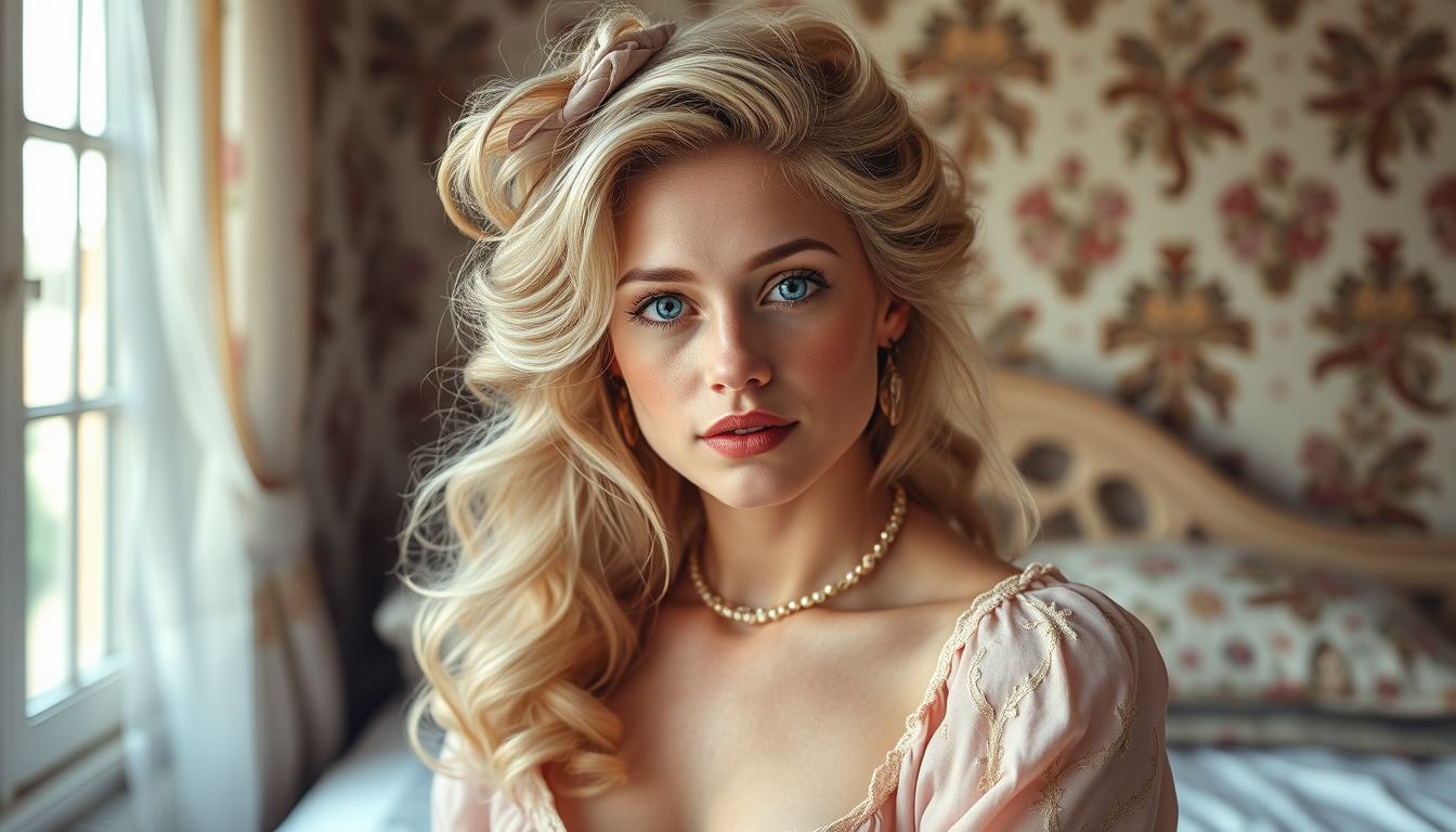 Main art studio: Une femme de l'époque blonde très claire et sa peau de la mm couleur que ses cheveux yeux bleus un duvet rose . une femme rêveuse , naïve et spontané 