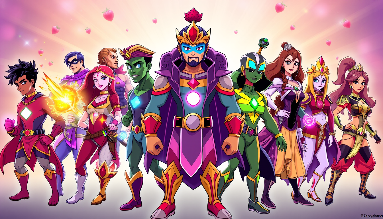 Main art studio: Anime-style collage of 18 original Gen-Z teenage Hindu-inspired superheroes, BERRY BLAST DEPARTMENT. Strawberry Sultan leads at the centre; include Bl