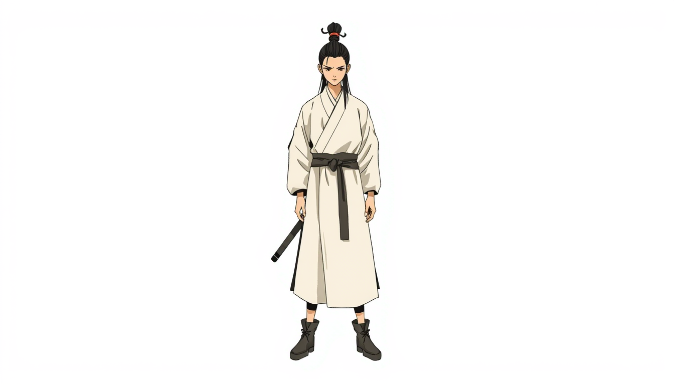 Main art studio: a lone young xianxia cultivator, male, lean build, plain off-white layered robe with a dark grey sash and simple cloth boots, long black hair in a hig