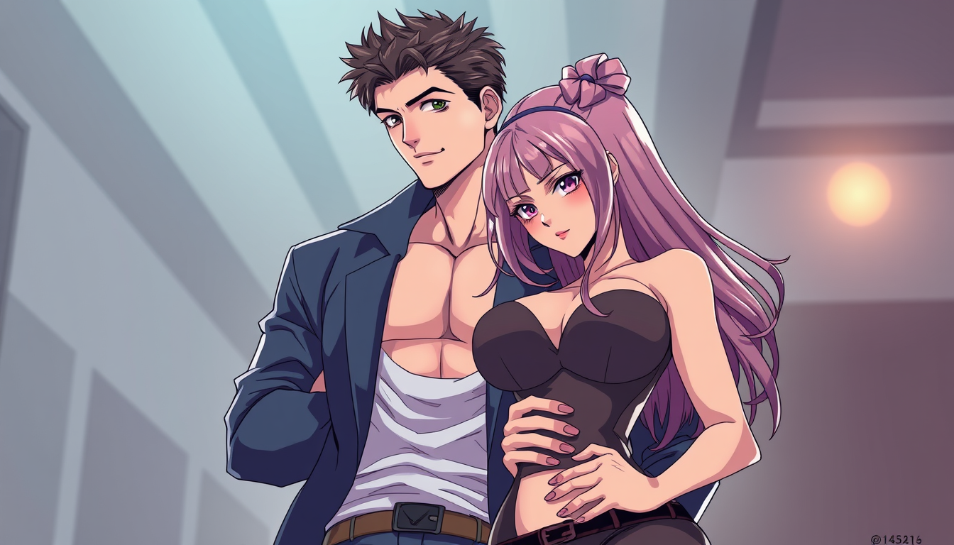 Anime idea: anime style, vibrant colors, expressive eyes, Zeichne einen jungen attraktiven gut trainierten hübschen Mann, der seiner bildhübschen Frau (mit breite