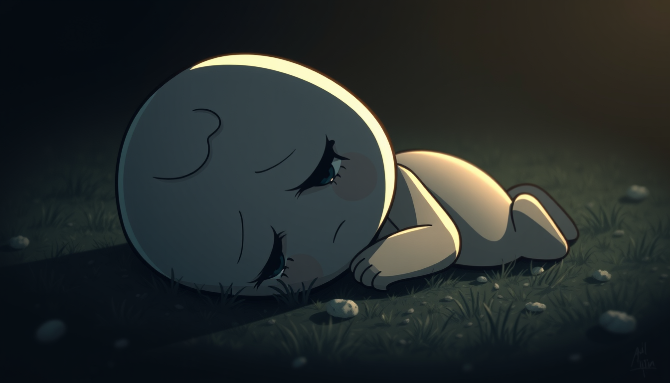 Main art studio: Aseme una imajen de "Coiny de BFDI sentado en el suelo, con la cabeza inclinada mirando hacia abajo. Sus ojos están parcialmente ocultos por la sombra