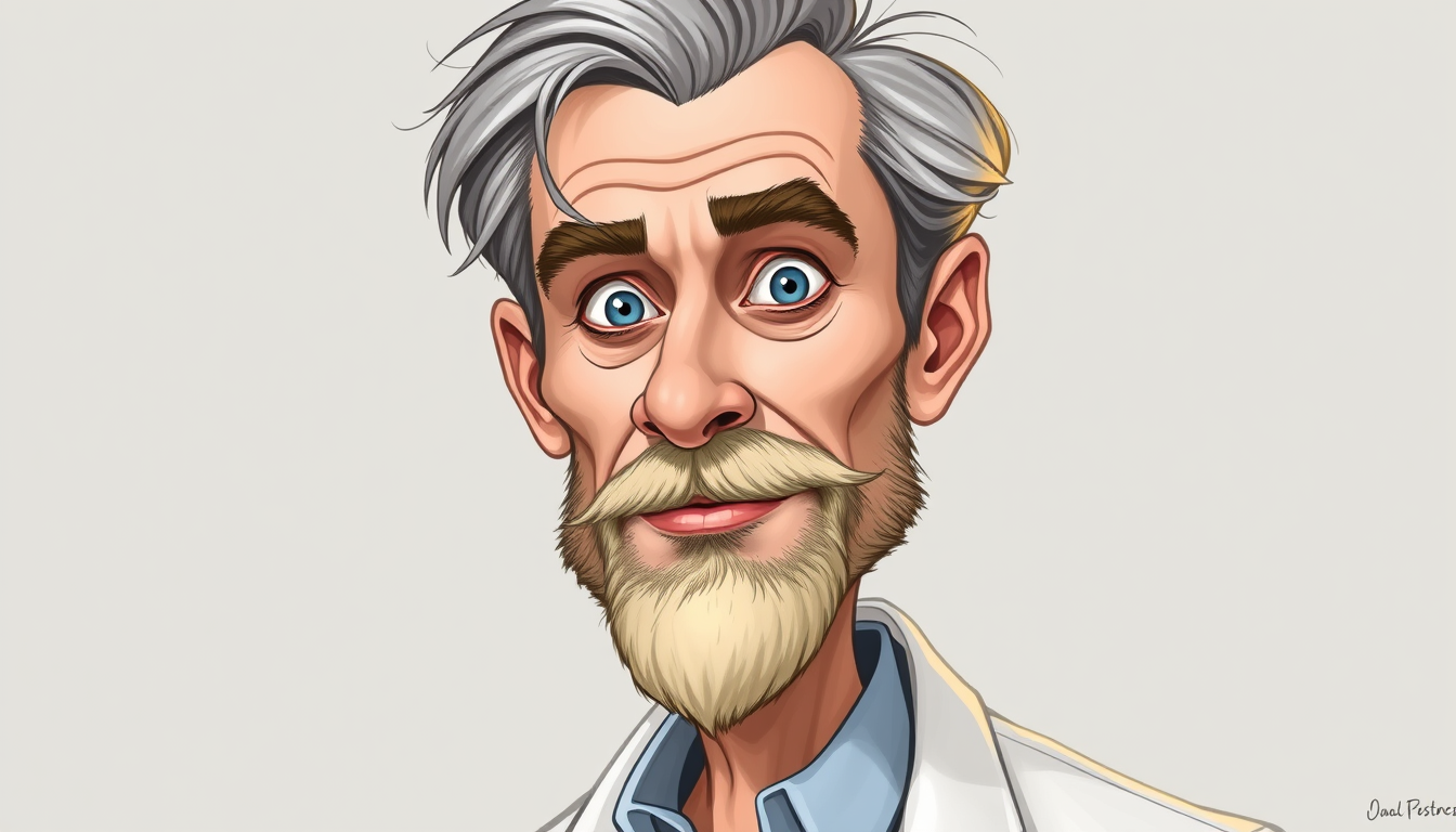 Main art studio: caricature of a man with grey hair and a blond short beard and a lab coat and no hair on the sides of the face