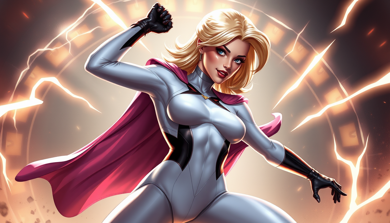 Superhero idea created from the prompt: original superhero character design, dynamic pose, bold costume, dramatic lighting, comic art energy, Gwen Tennyson wearing a white leotard 