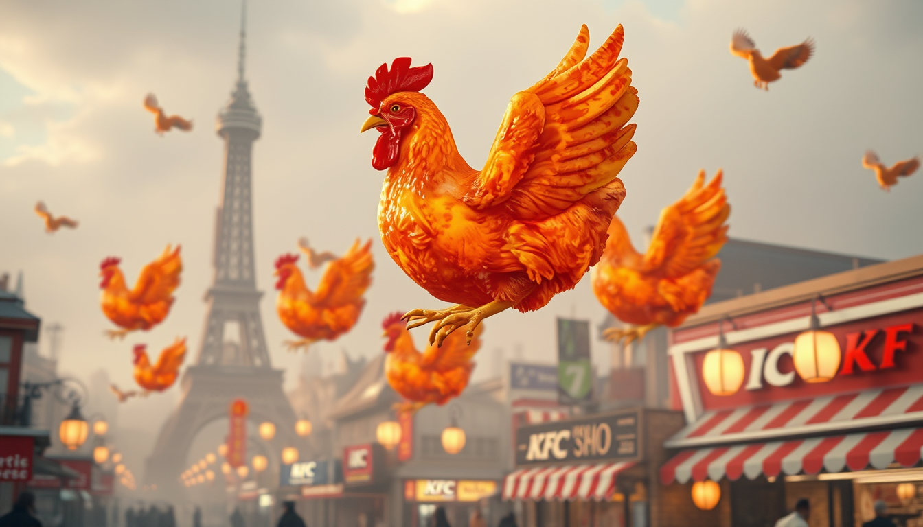 Main art studio: make an image of a fantasy city with flying rotisserie chickens based around the shop kfc