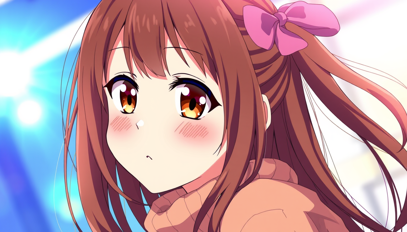 Anime idea: anime style, vibrant colors, expressive eyes, A beautiful anime girl with brown hair, brown eyes, wearing a casual sweater, full body, colorful anime 