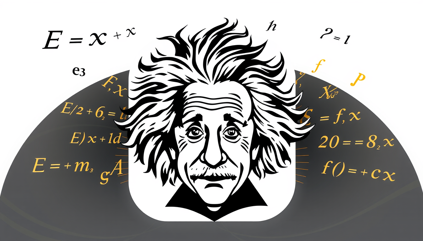Main art studio: Modern professional app icon featuring a subtle Einstein-inspired portrait with wild hair. Around him, show REAL mathematical equations and formulas c