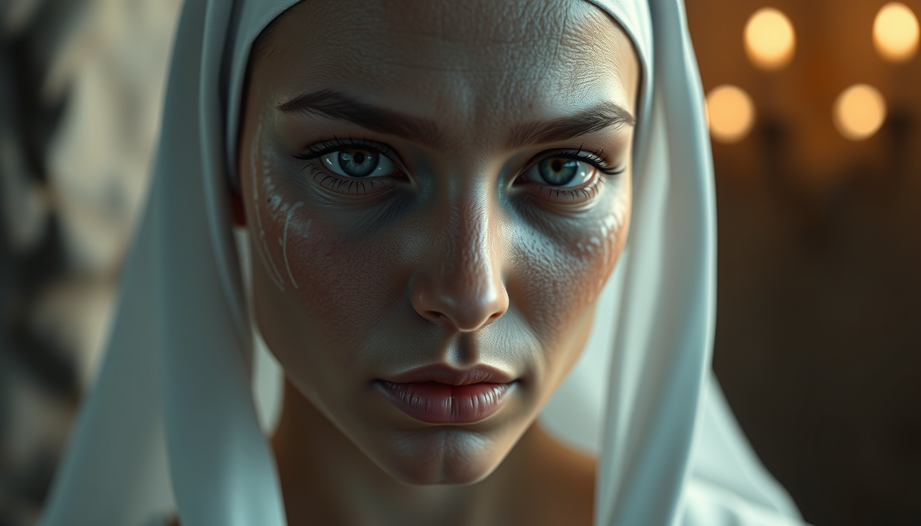 Realistic Images idea: photorealistic generated image, natural materials and skin texture, physically plausible lighting, Nun beauty , coherent depth, restrained color, deta