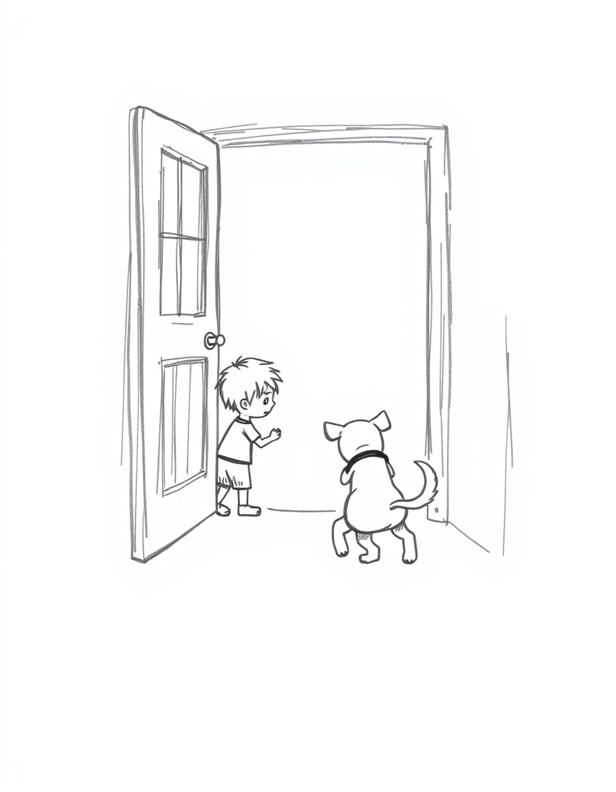 Main art studio: Simple black and white pencil sketch. A little boy is coming home through the front door. His dog is happily running toward him with its tail wagging.