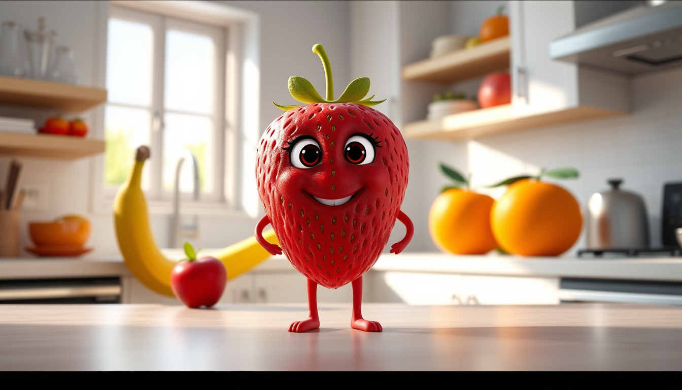 Main art studio: A realistic 3D strawberry character with expressive cartoon eyes, smiling, tiny arms and legs, standing in a bright modern kitchen. A banana, apple, a
