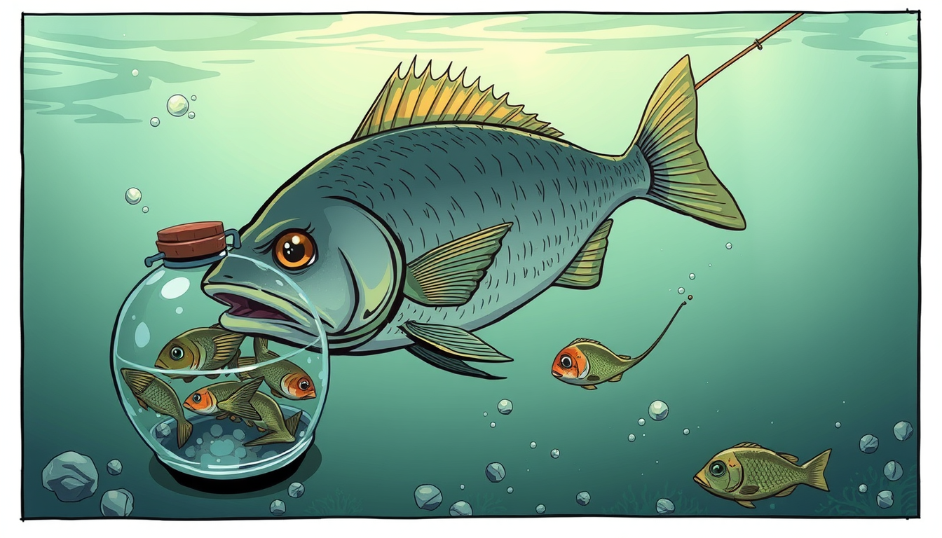Main art studio: Mach mir ein Bild von einem Fisch der fischt. Neben sich hat er einen Kessel mit 3 bereits gefischten fischen. Er fischt gerade den 4 Fisch aus dem Wa