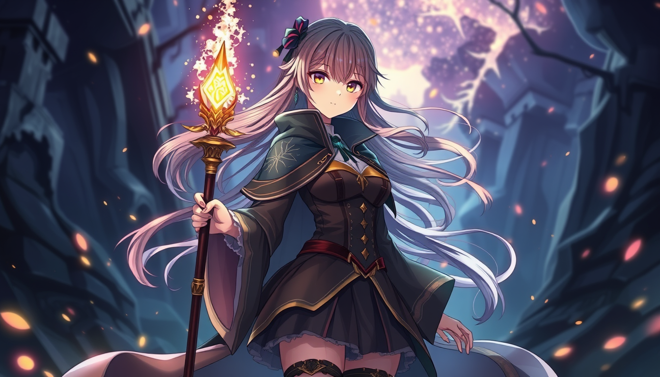 Main art studio: Eine 18-jährige erwachsene Anime-Magierin als Ganzkörperaufnahme, mit langen wallenden Haaren und leuchtenden Augen. Sie trägt ein elegantes, fantasie