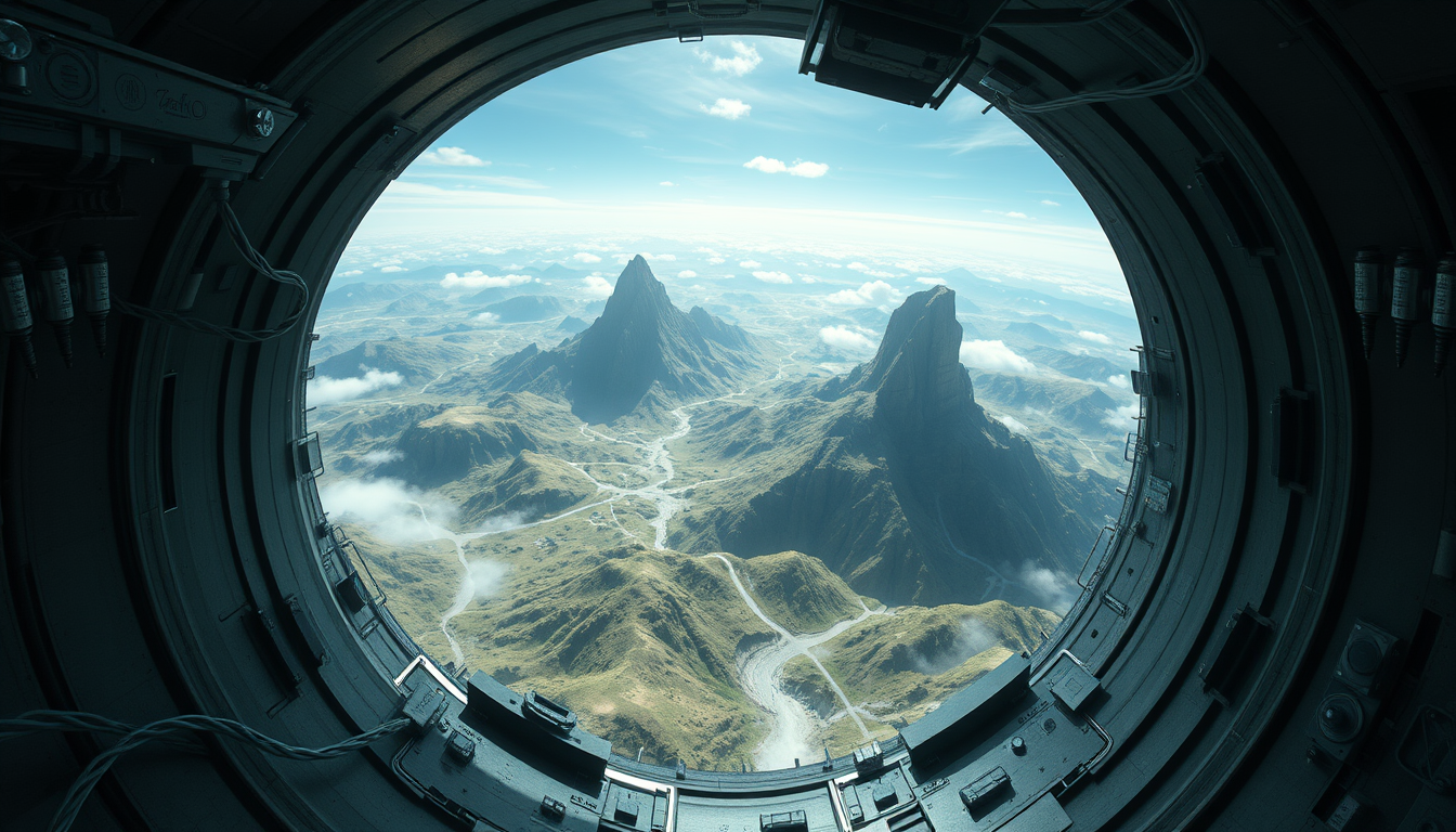 AI Art prompt example created from the prompt: the inside of an o'neil cylindrical orbital habitat depicting the landscape curving upwards like in the halo games
