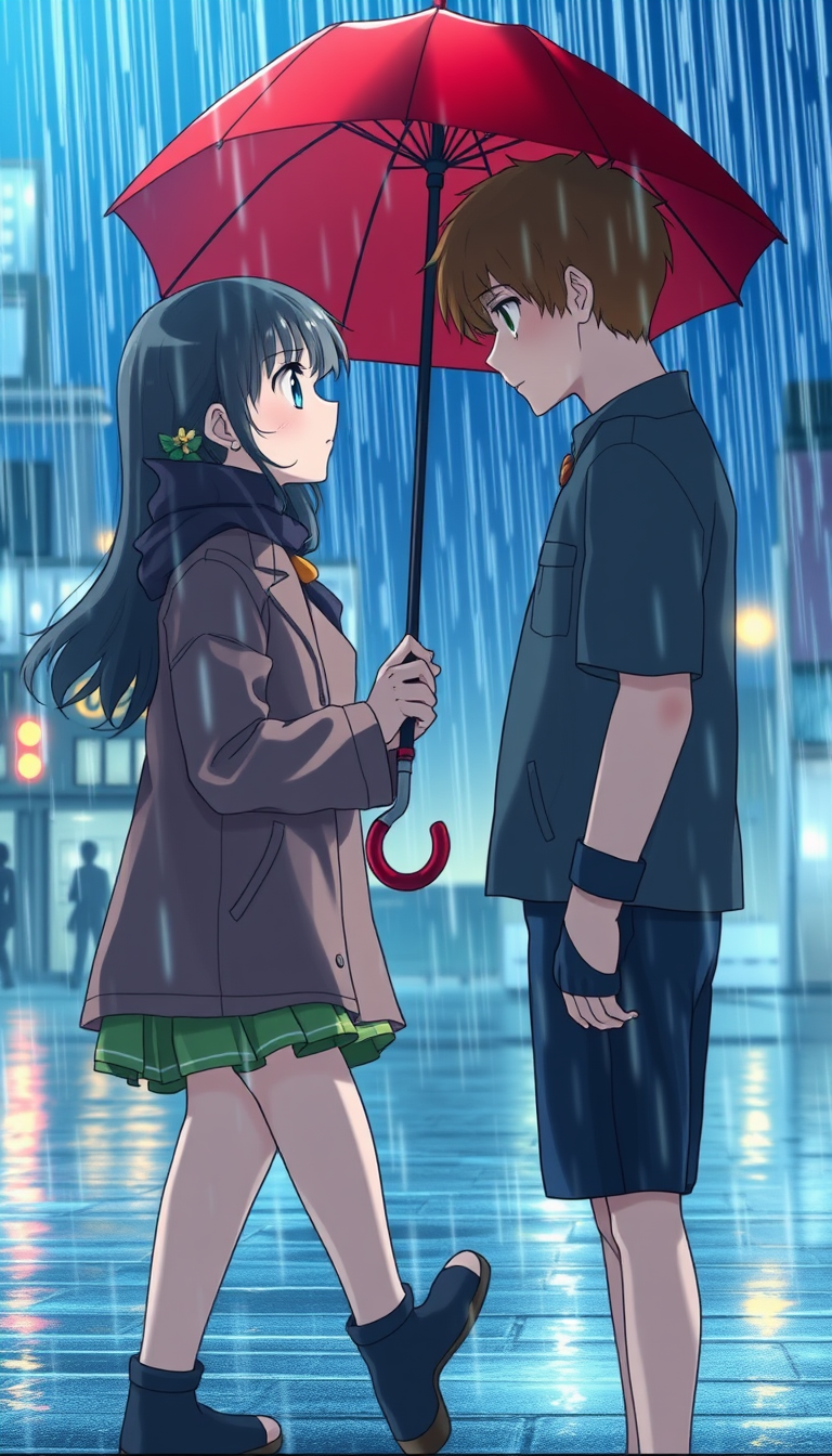 Anime idea: anime style, vibrant colors, expressive eyes, Cinematic Japanese anime. The same boy slowly walks toward the girl under the rain. She looks at him wit