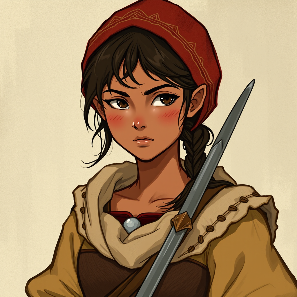 Main art studio: Stilisierte mittelalterliche Fantasy-Illustration: Zella, junge Bäuerin mit dunklerer Haut, kräftigem dunklem Zopf und offenem, lebhaftem Gesicht. Una