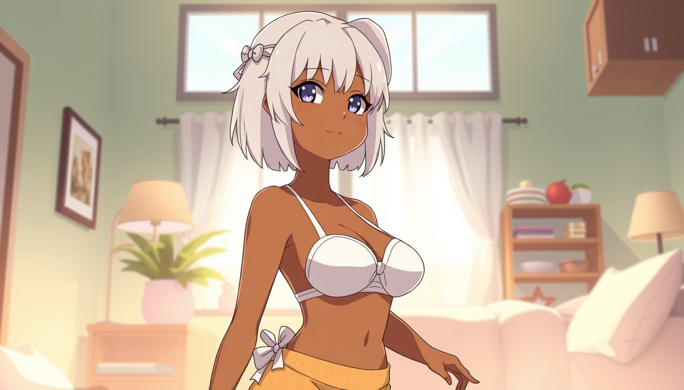 Characters idea: an original character defined by silhouette, role, outfit, palette, and expression, deliberate composition, Anime girl, thicc, white hair brown skin, 