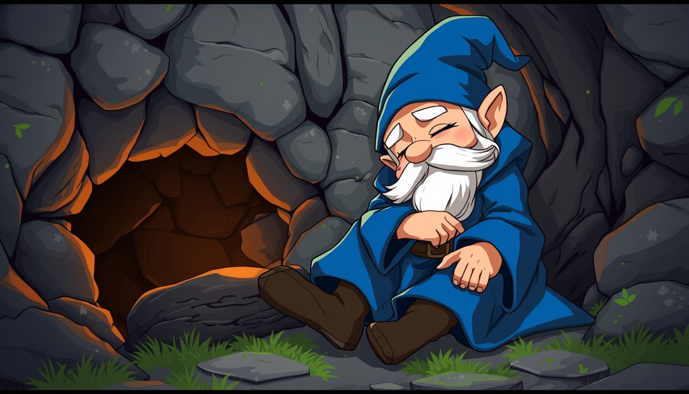 Main art studio: create an anime style picture of a halfling wizard dressed in blue robes and pointy blue hat sleeping near a cave