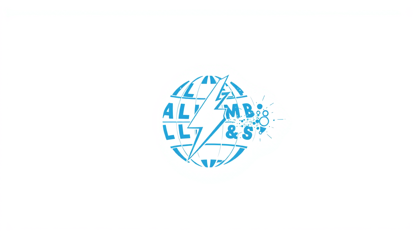 Main art studio: Logo de style emblème de super-héros sur fond blanc. Un symbole unique composé de trois éléments : un globe entouré de lettres de plusieurs alphabets,