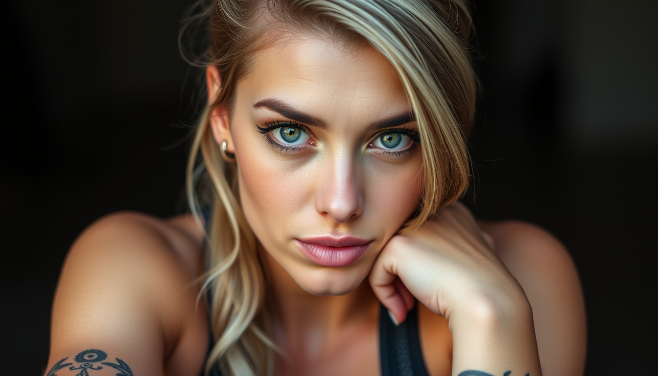 Main art studio: Mujer de 22 años, pelo castaño ondulando, ojos verdes, figura deportiva definida, buenos senos y con buen trasero, piel tono medio, con labios carnoso