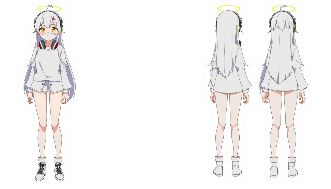Anime idea: anime style, vibrant colors, expressive eyes, Anime-style full-body reference sheet of Delilah, a girl with long white hair, gold and white eyes, an o