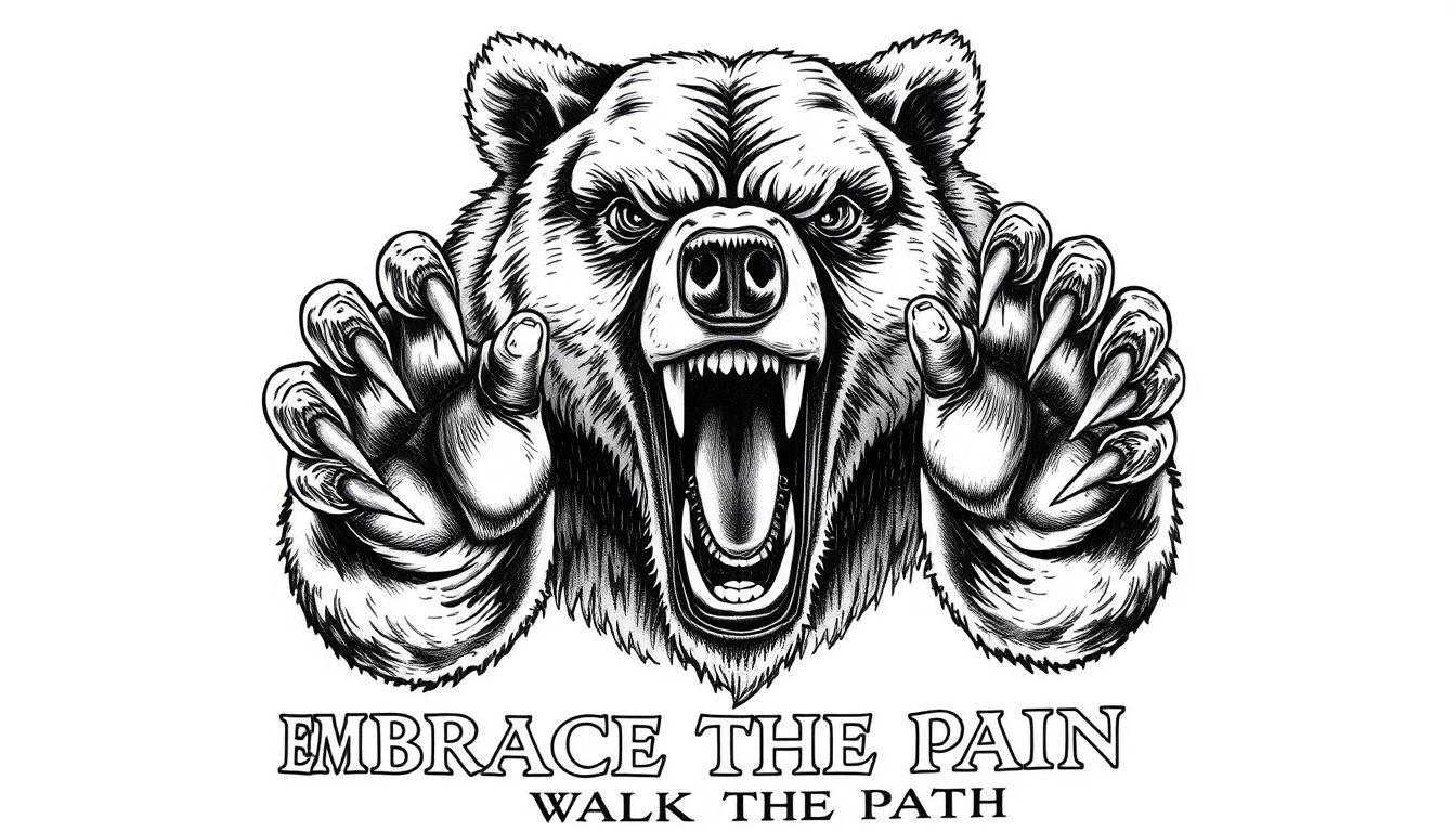 Main art studio: Semi-realistic black-and-grey tattoo: upper body only of a huge, hyper-muscular bear attacking straight at the viewer. Wide-open roaring mouth, massiv