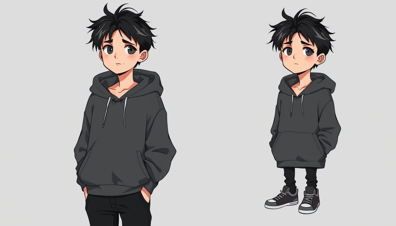 Anime idea: anime style, vibrant colors, expressive eyes, max 600 characters Anime/webtoon illustration of one young adult male with messy black hair, tired dark 
