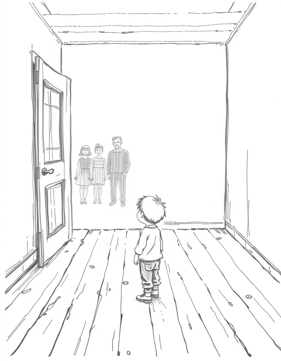 Main art studio: A little boy standing inside an old, empty house, looking curiously at a creaky wooden floor and an old door. Faint, ghost-like silhouettes of a famil