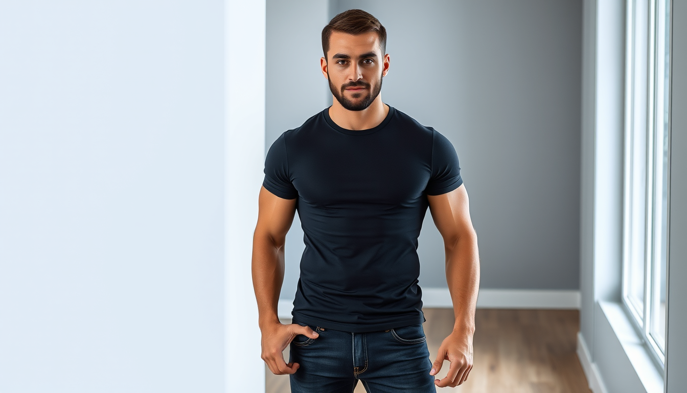 Main art studio: Photorealistic full-body photo of a handsome adult man, 38, naturally muscular athletic build, broad shoulders, short dark brown hair, trimmed beard, 