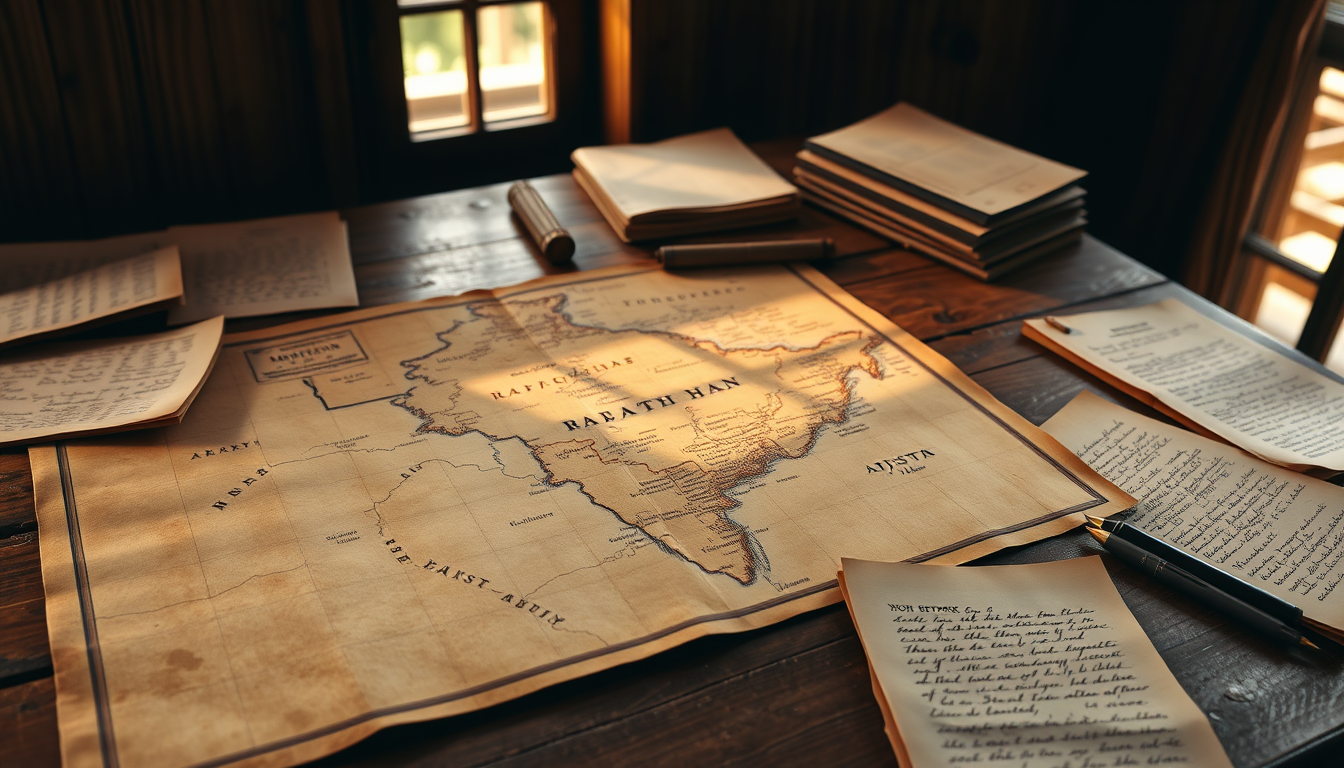 Main art studio: An old historical map of Rajasthan, aged handwritten manuscripts and archival notes spread across a wooden research desk, warm daylight entering throu