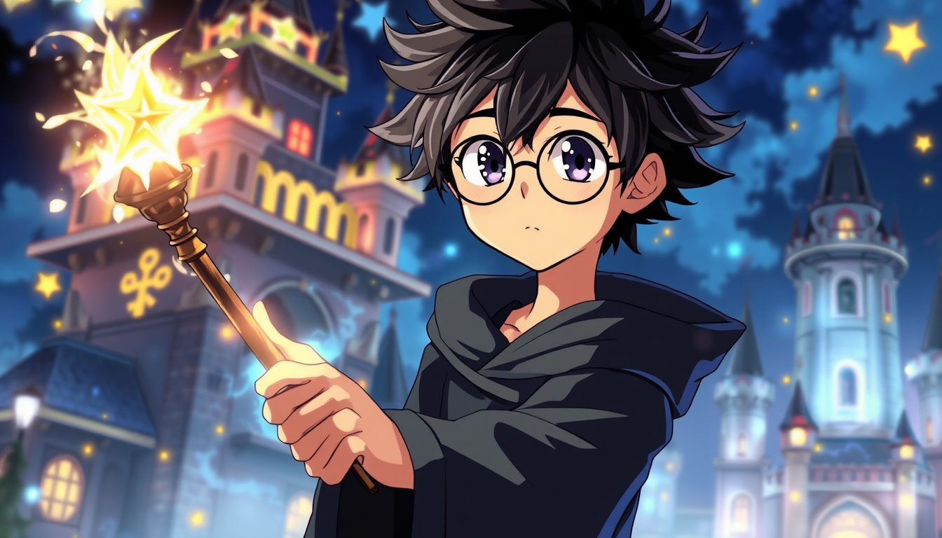 Main art studio: High quality 2D anime wizard boy, messy black hair, round glasses, black wizard robe, holding a glowing magic wand, magical castle at night, blue and 