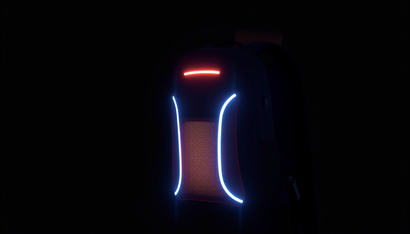 Main art studio: Hi, erstelle mir ein Bild von einem Smart Rucksack, welcher LED Licht, Sprachsteuerung, Ortung und modern ist, damit ich dieses in meine PowerPoint Pr