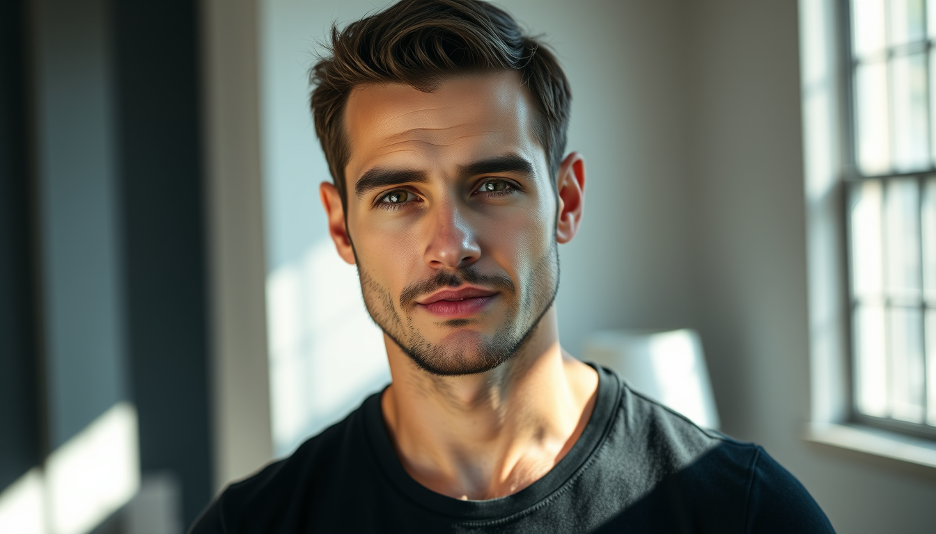 Main art studio: Realistic DSLR photograph of a handsome adult man, 38 years old, naturally muscular, realistic human proportions, short dark brown hair, trimmed beard