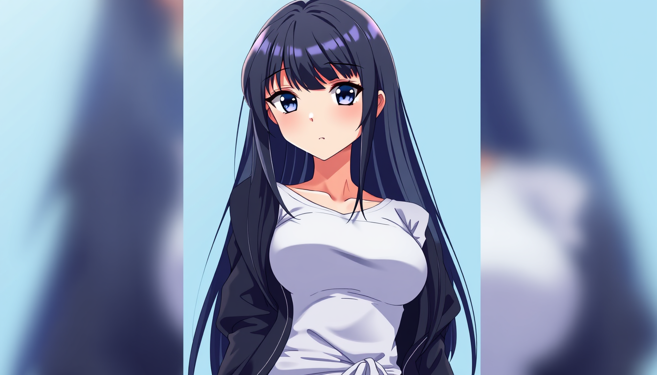 Anime idea: anime style, vibrant colors, expressive eyes, Anime woman with long glossy black hair and bangs, white fitted T-shirt, dark jacket tied at waist, calm