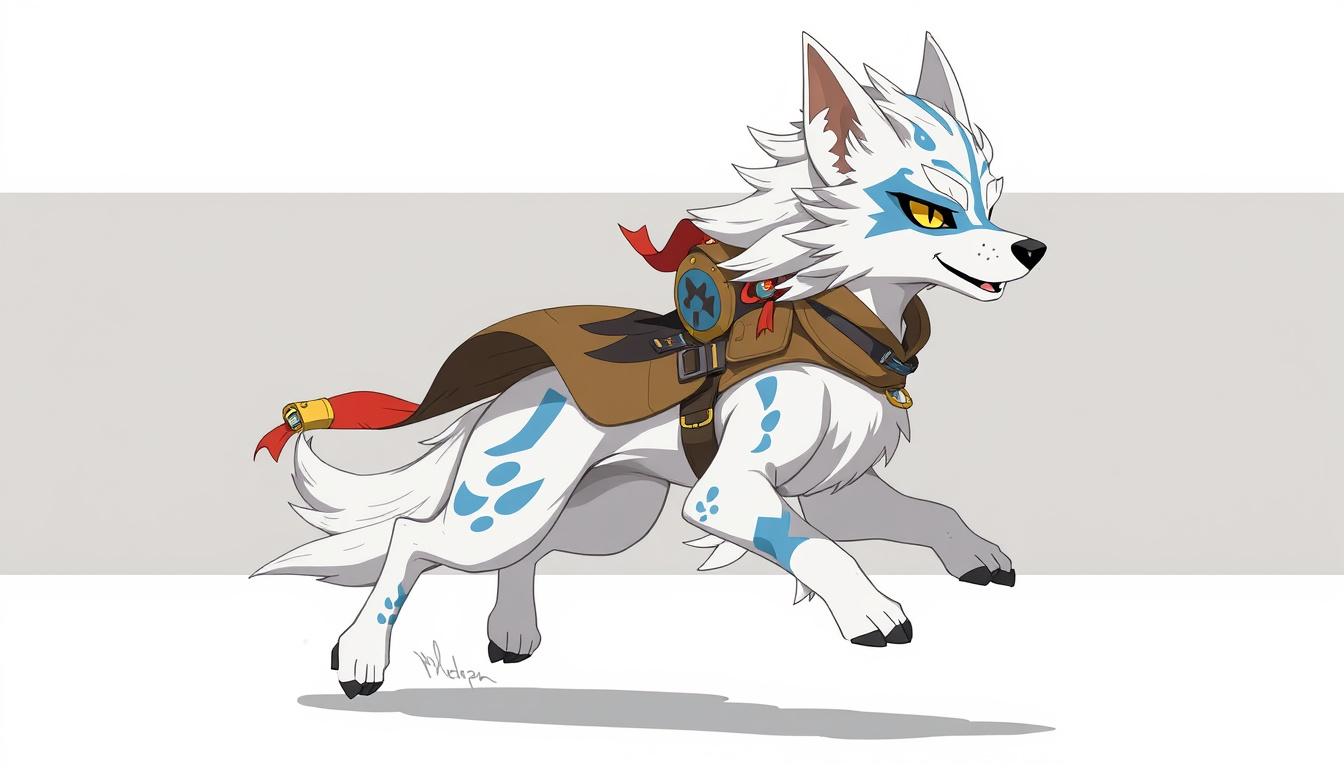 Character idea created from the prompt: original character design, detailed outfit and accessories, expressive personality, quiero crear un perro con super velocidad y que su rayo 