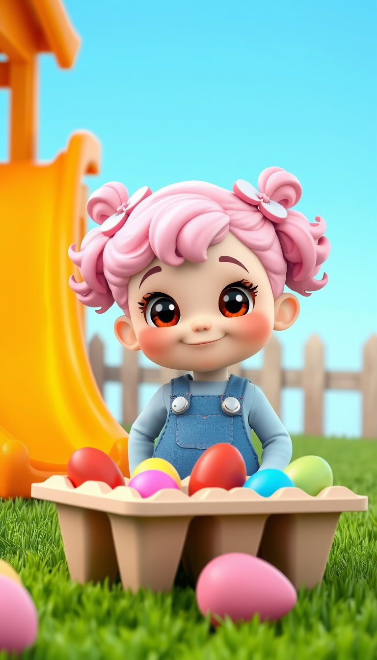 Main art studio: Cute little girl with pastel pink curly hair in two pigtails with pink bows, big brown eyes and a cheerful smile. She wears blue overalls and a light 