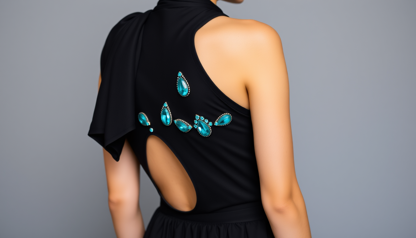 AI Art prompt example created from the prompt: Black short fitted slightly rouched at the waist halter dress with a built in scarf that is part of the dress that has two pieces draping do