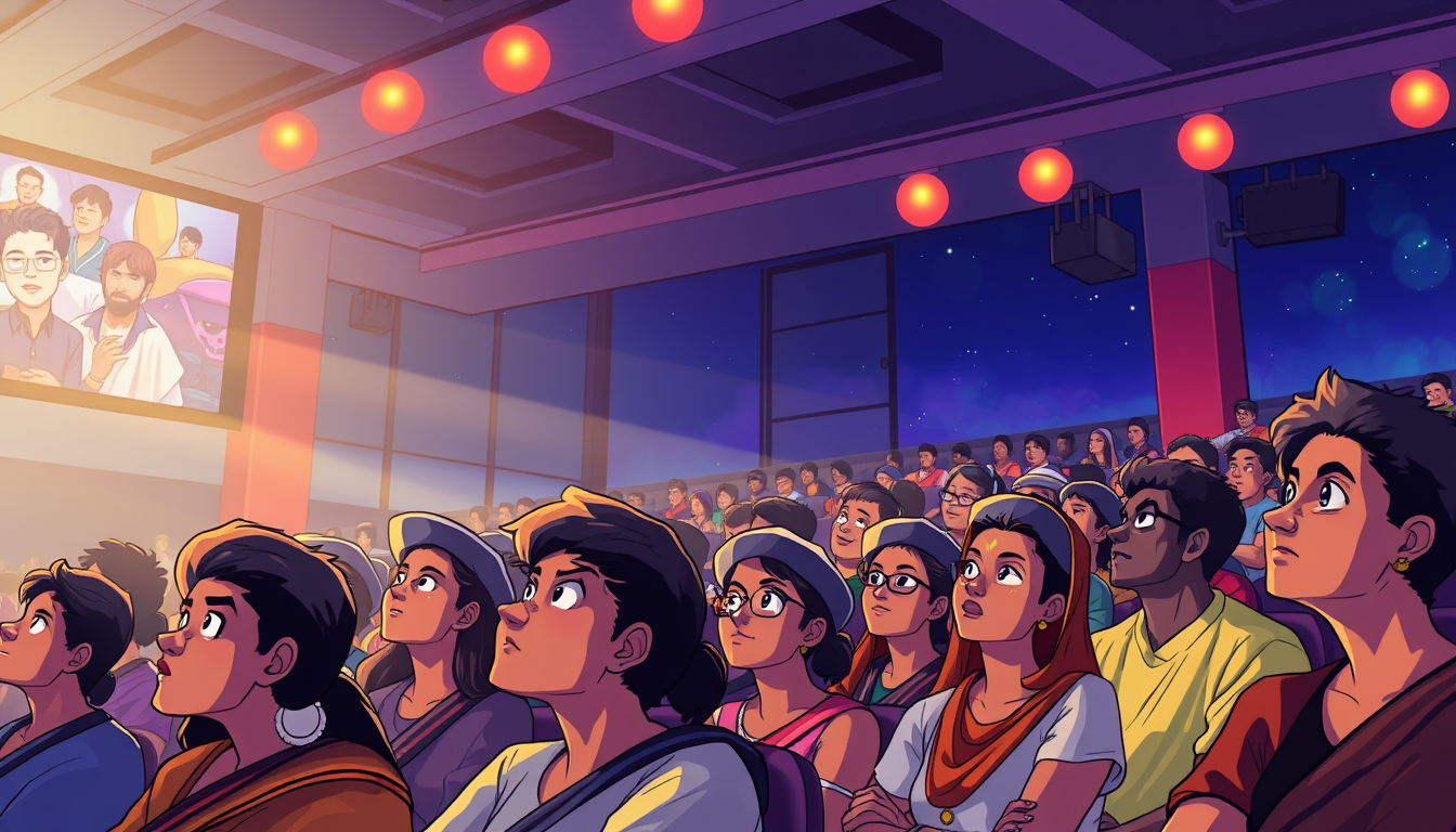 Anime idea: anime style, vibrant colors, expressive eyes, make one community full of people watching cinema theatre in kerala , detailed anime illustration