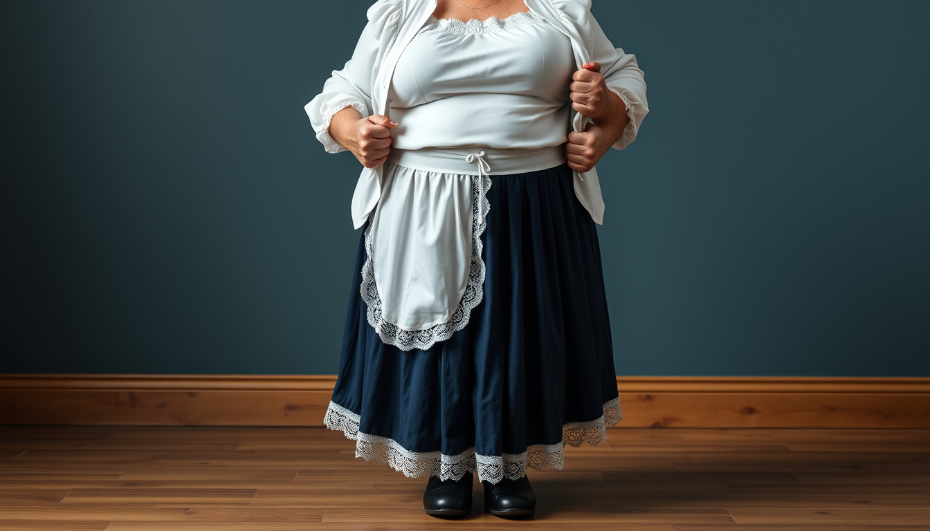 Main art studio: A curvy and busty old granny with a darkblue pleated skirt and a white lace half maid apron and with blck shoes opens her white blouse and shows her h