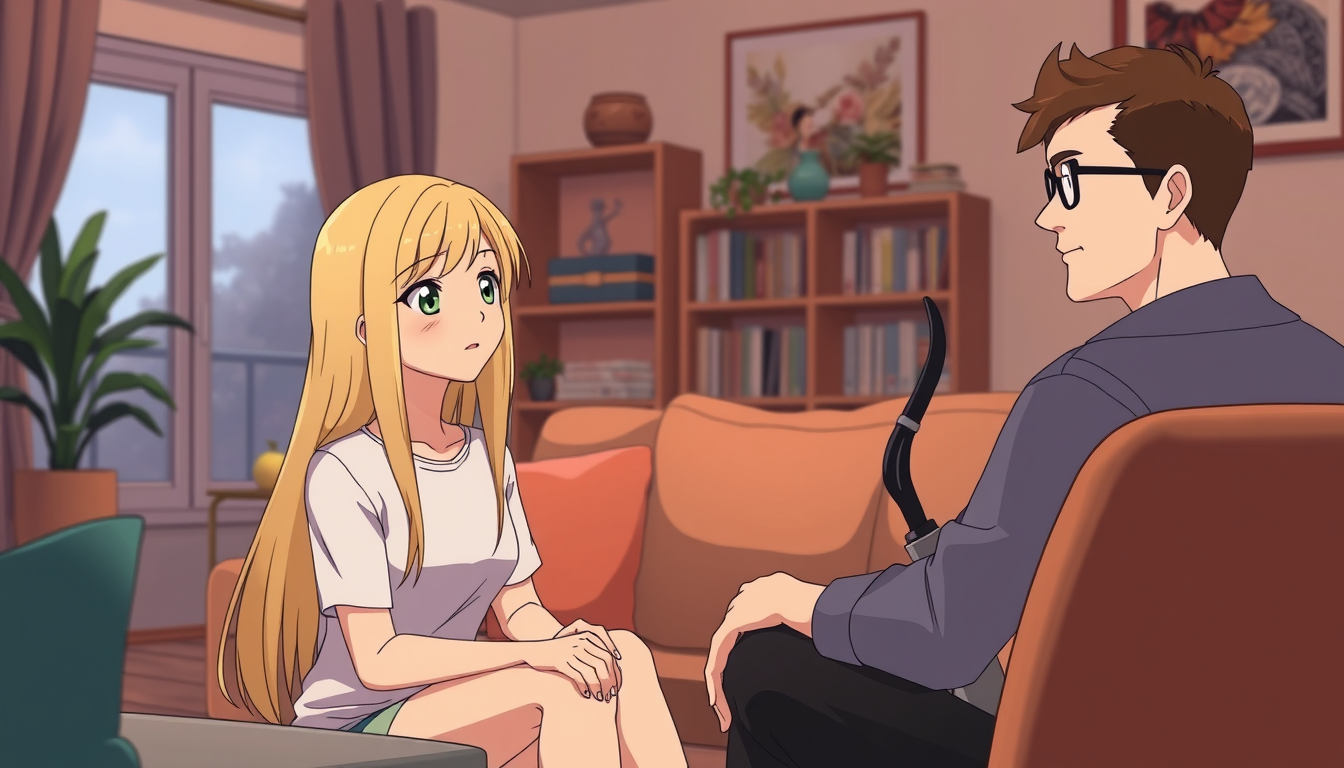 Main art studio: an anime picture of a teen girl with long straight blonde hair sitting in a living room whiles talking to a woman with long black hair who is 38 years
