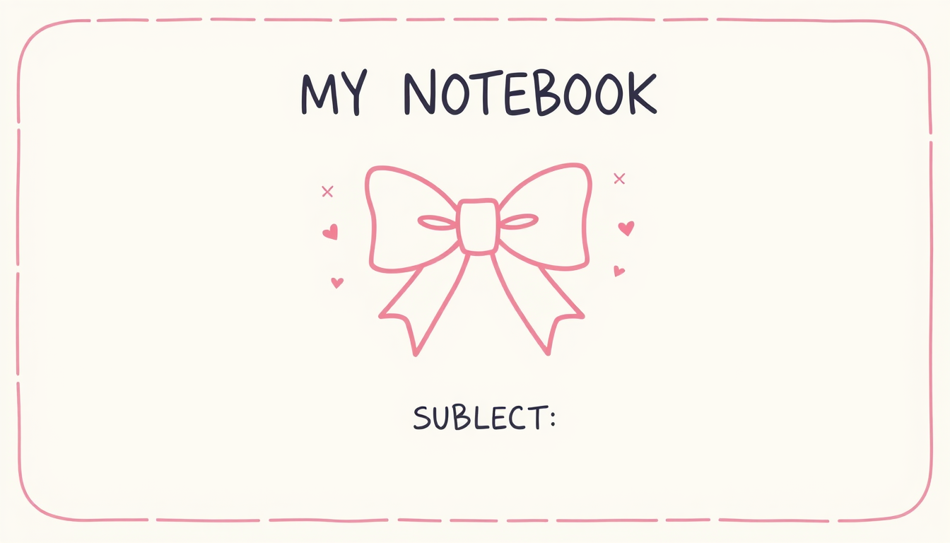 Main art studio: Simple school notebook label, soft cream and pale pink colors. A clear pink bow as the main decoration, simple and easy to draw. Add a few small decor