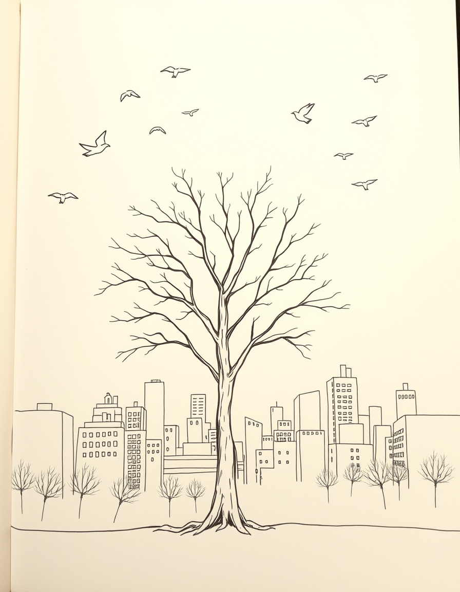 AI Art prompt example created from the prompt: Outline drawing of a tree in the middle of page, city background, birds in skies, mood is calm, relaxed, and has a sense of belonging, atten