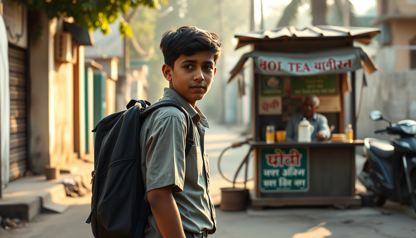Main art studio: Cinematic realistic Indian street in the morning, a 16-year-old Indian schoolboy wearing a neat school uniform and carrying a backpack walking toward