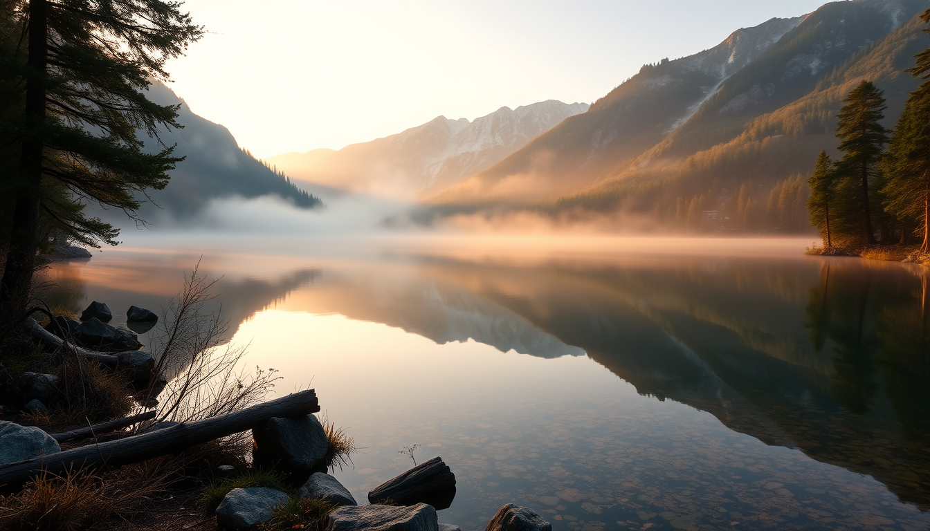 Main art studio: a calm mountain lake at sunrise, soft mist