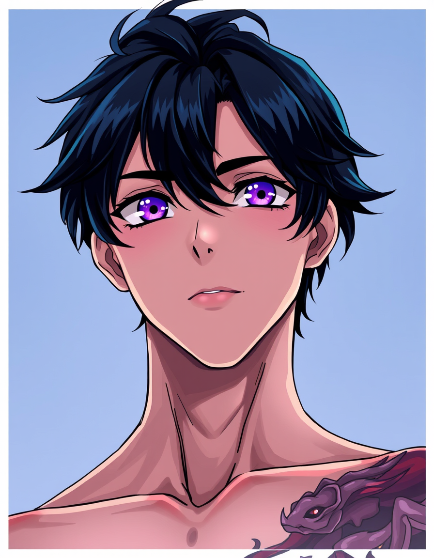 Anime idea created from the prompt: anime style, vibrant colors, expressive eyes, tall male character, handsome young man, black hair, slightly long hair, purple eyes, subtly g